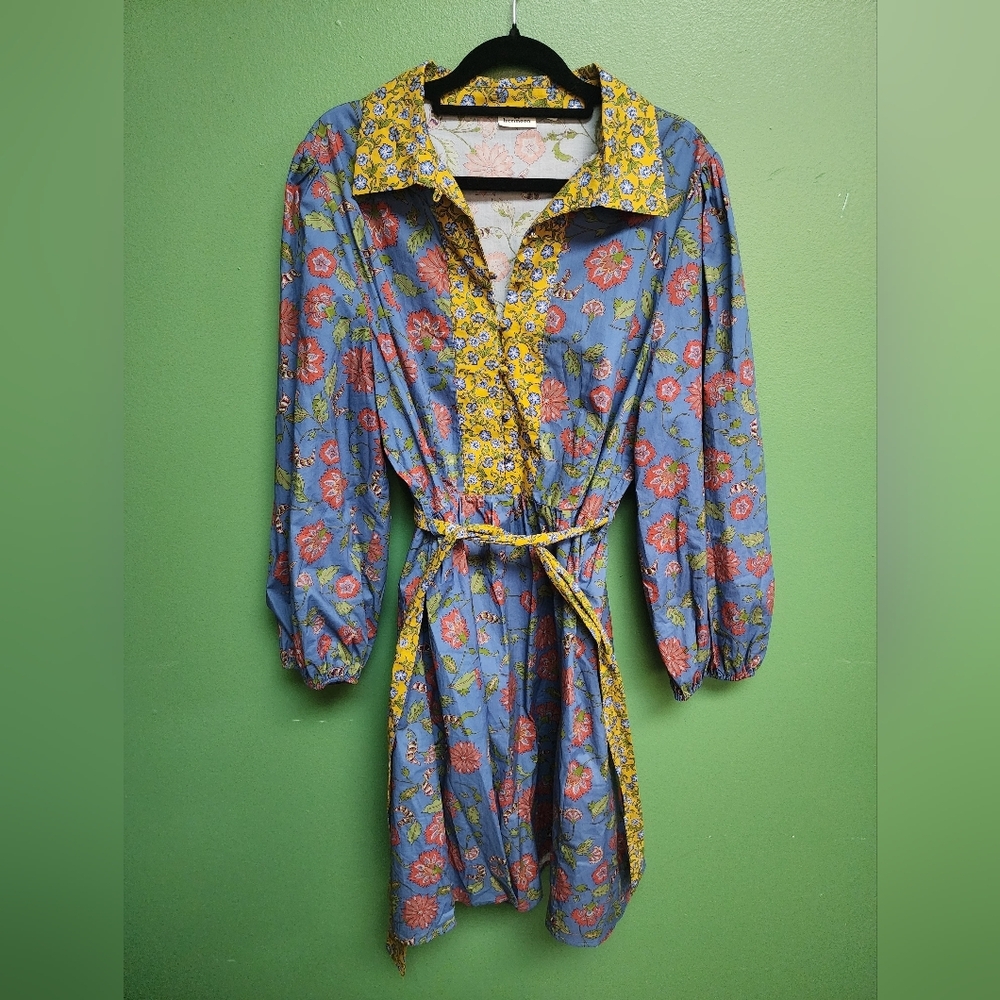 Hermoza Floral Shirt Dress Size Large Blue & Yellow Belted Long Sleeve